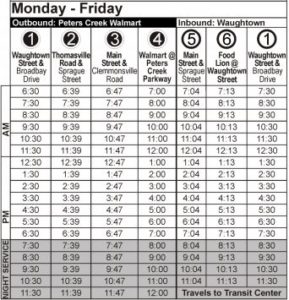 Route 101 Monday-Friday Time Table