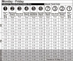 Route 109 Monday-Friday Time Table