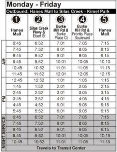 Route 82 Monday-Friday Time Table