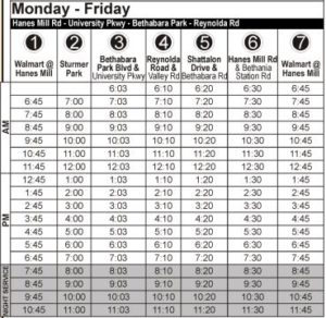 Route 97 Monday-Friday Time Table